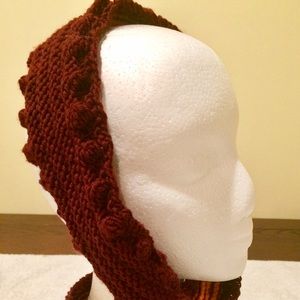 Warm burgundy and orange handknit cowl